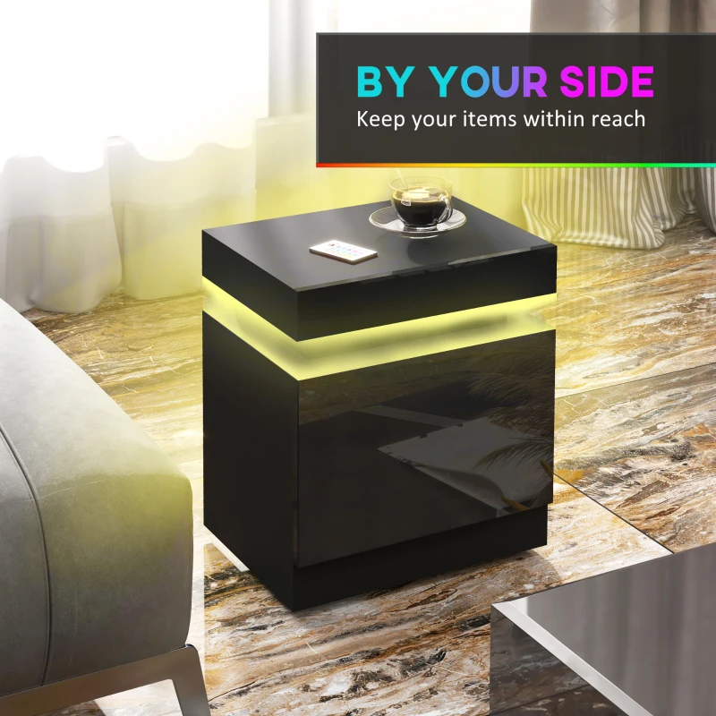 HOMCOM Nightstand, Bedside Table with LED Lights and 2 Drawers for Bedroom, Living Room, Black