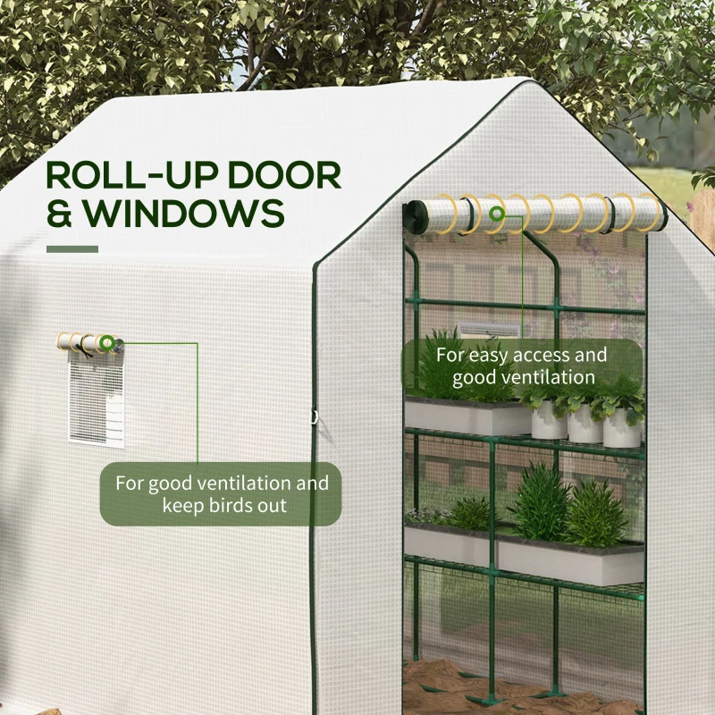 Outsunny Portable Greenhouse, Walk-In Small Outdoor Green House with 2 Tier U-Shaped Flower Rack Shelves, 4.6' x 4.7', White