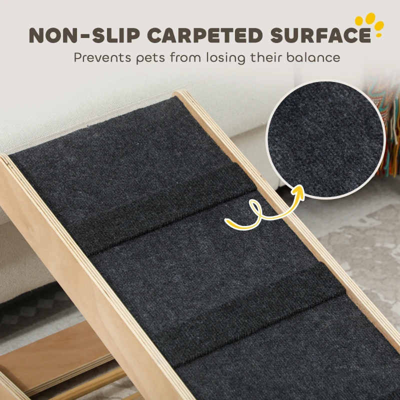 PawHut Dog Ramp for Bed Couch, Foldable Pet Ramp Height Adjustable 4 Levels from 14.75" to 24.5" for Cats and Small Dogs with Non-Slip Carpeted Surface, Natural
