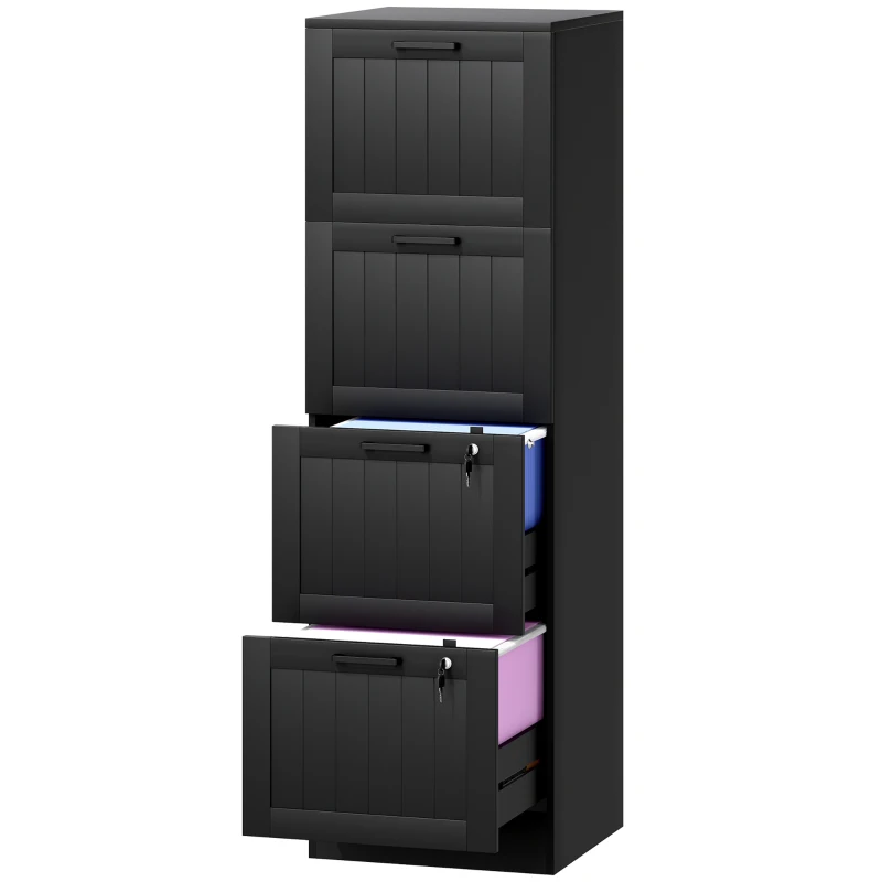 HOMCOM 4 Drawer Filing Cabinet with Lock, Office Storage Cabinet with Adjustable Hanging Bars for A4 Letter Size Files, Black