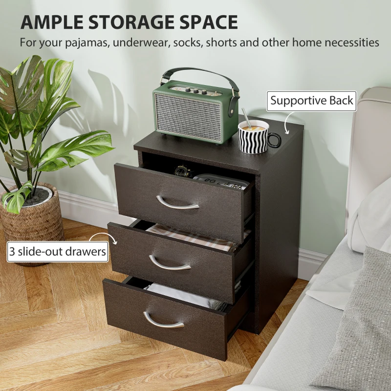HOMCOM Bedside Table, Modern Night Stand with 3 Drawers and Metal Rail for Bedroom, Dark Brown