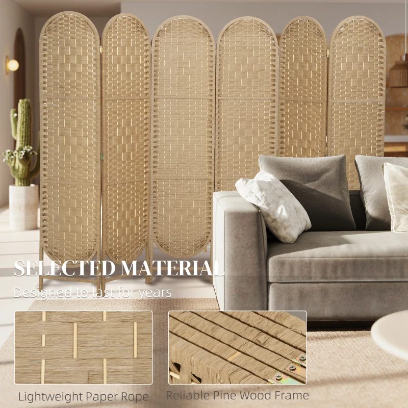 HOMCOM Bohemian Privacy Screen, Folding Room Divider with 6 Panels and Arched Top for Bedroom Living Room Office, Natural Wood
