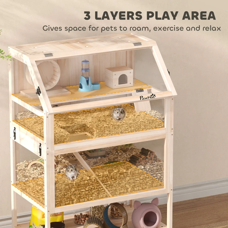 PawHut Wooden Hamster Cage with Detachable Lower Floor, Storage Shelf, Hut, Seesaw, Exercise Wheel, Ramps for Dwarf