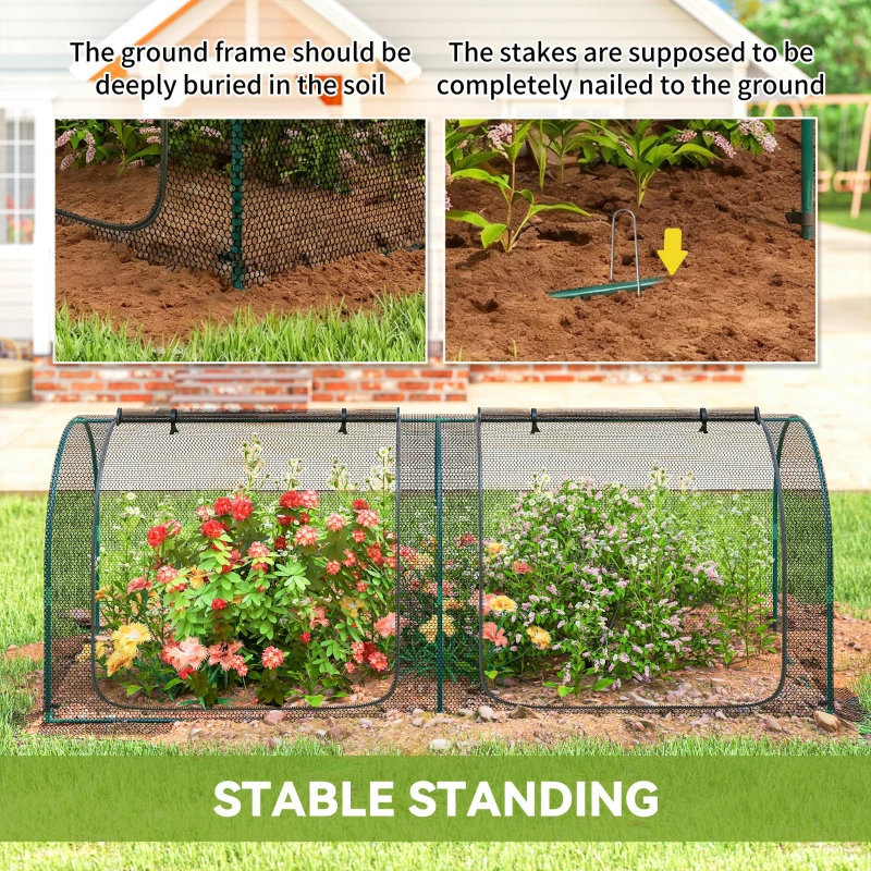 Outsunny 8' x 3' Crop Cage, Garden Plant Protector, with 3 Zippered Doors and 6 Ground Stakes, for Garden, Yard, Lawn, Black