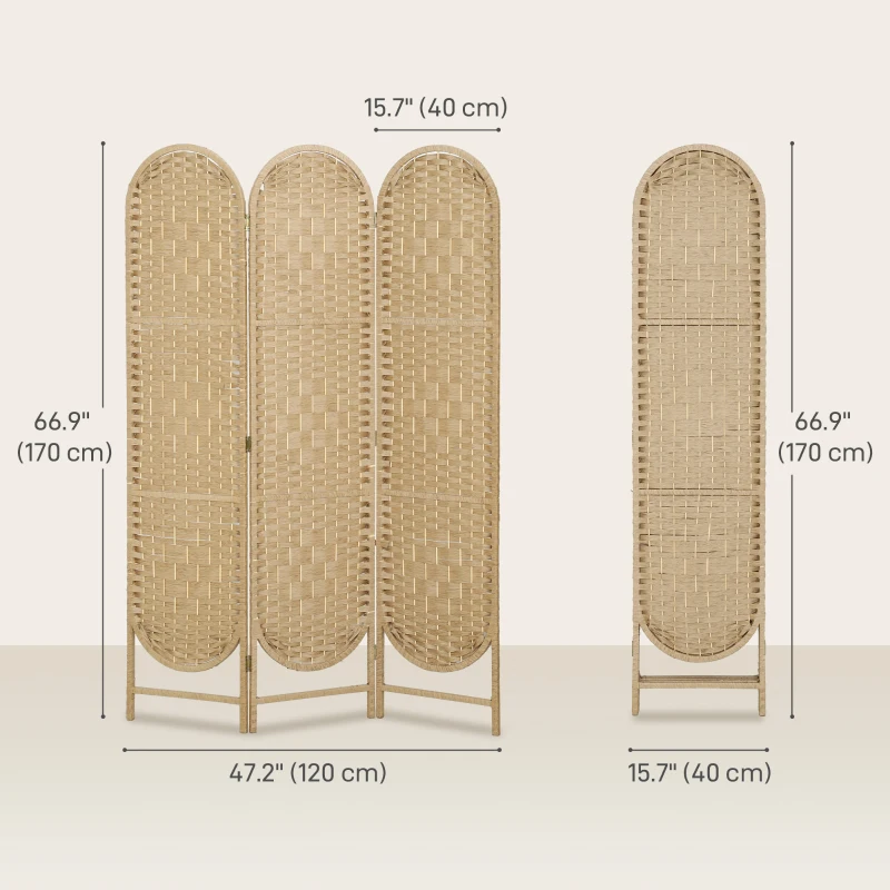 HOMCOM Bohemian Privacy Screen, Folding Room Divider with 3 Panels and Arched Top for Bedroom Living Room Office, Natural Wood