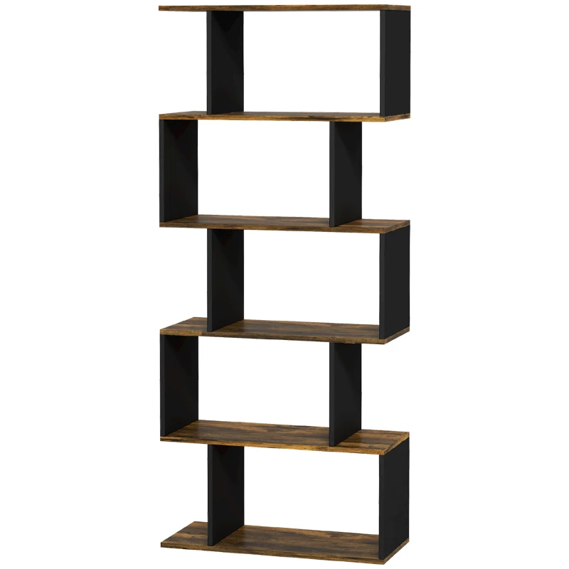 HOMCOM 5-Tier Bookshelf, Geometric S Shaped Bookcase, Tall Narrow Display Shelf for for Living Room, Study Room, Rustic Brown