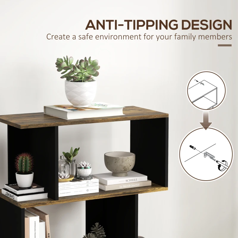 HOMCOM 5-Tier Bookshelf, Geometric S Shaped Bookcase, Tall Narrow Display Shelf for for Living Room, Study Room, Rustic Brown