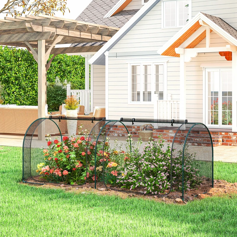 Outsunny 8' x 3' Crop Cage, Garden Plant Protector, with 3 Zippered Doors and 6 Ground Stakes, for Garden, Yard, Lawn, Black