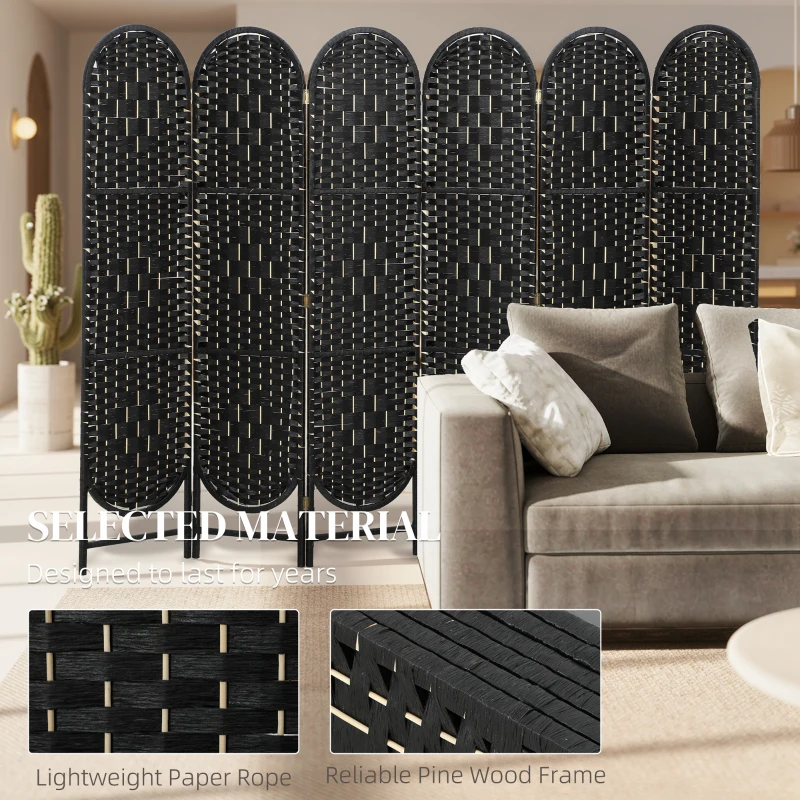 HOMCOM Bohemian Privacy Screen, Folding Room Divider with 6 Panels and Arched Top for Bedroom Living Room Office, Black