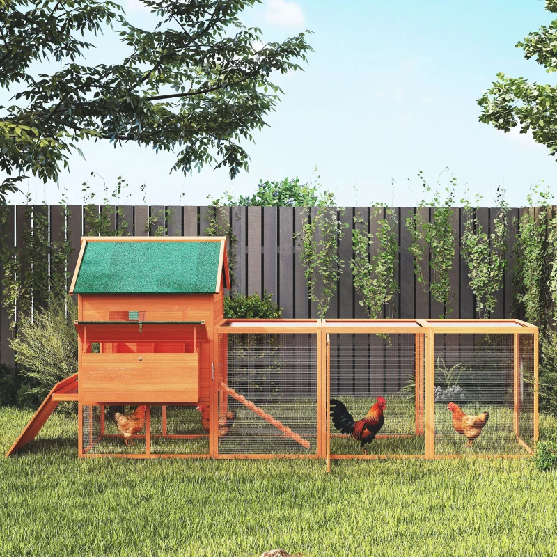 PawHut 137" Wooden Chicken Coop with Chicken Run, Nesting Box, Orange