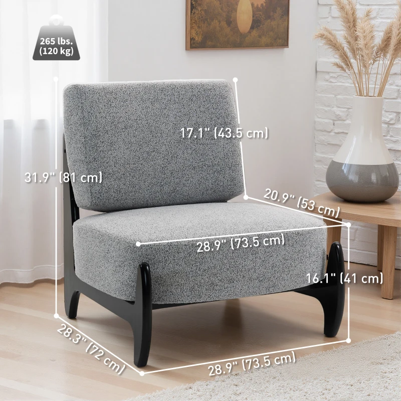 HOMCOM Accent Chair with Rubber Wood Frame, Wide Seat, Modern Chenille Bedroom Chair with Thick Cushion, Grey