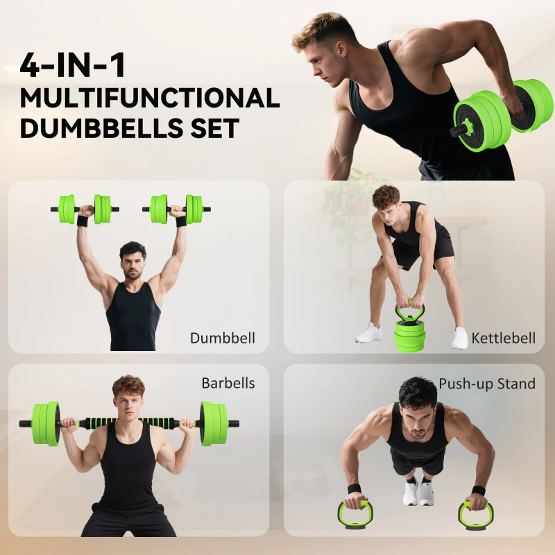 Soozier 44lbs 4-in-1 Adjustable Weight Dumbbell Set, Barbell, Kettlebell, Push Up Stand, Green