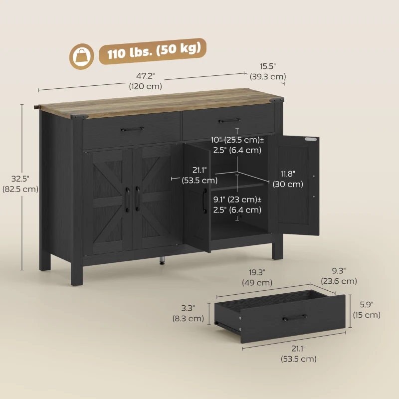 HOMCOM Sideboard Buffet Cabinet, Farmhouse Kitchen Storage Cabinet w/ 2 Drawers and Shelves for Living Room, Entryway