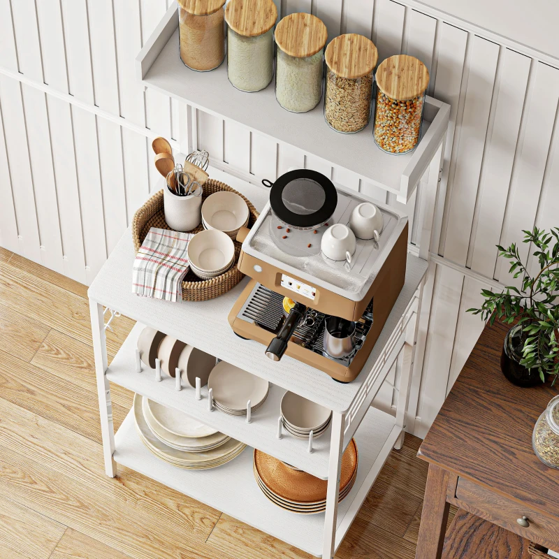 HOMCOM Kitchen Baker's Rack with Power Outlet, Coffee Bar Station with Adjustable Shelves and Hooks, Distressed White