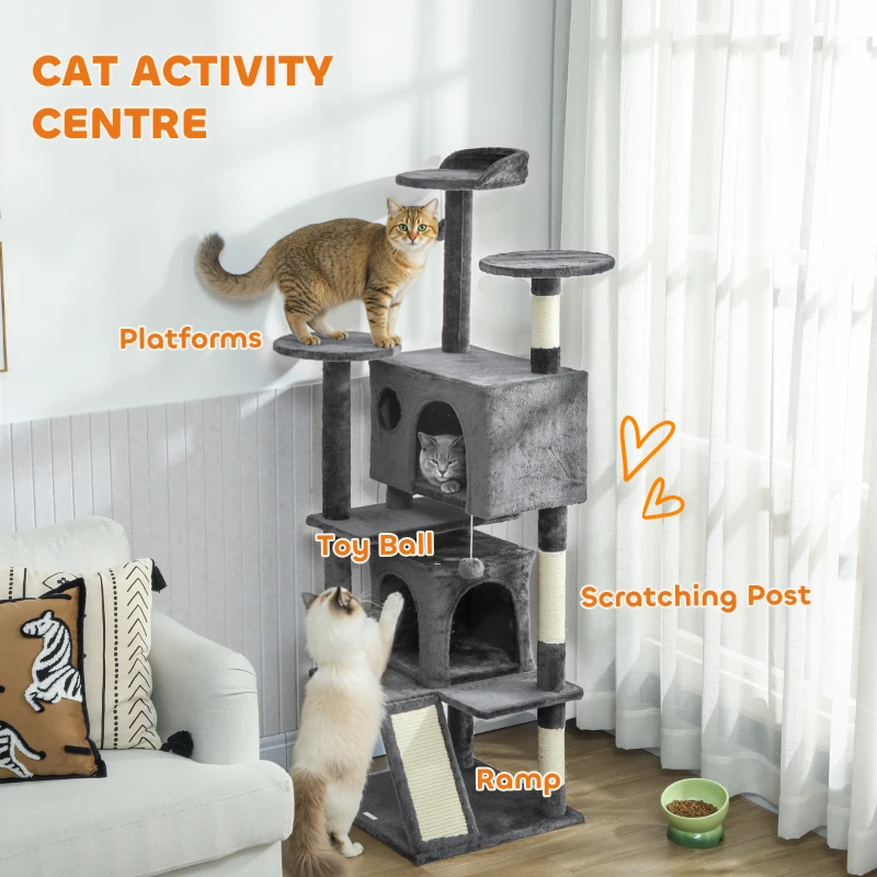 PawHut 63" Cat Tree, Multi-Level Cat Tower with Scratching Posts, Cat Condos, Bed, Platforms, Ramp, Toy Ball, Dark Grey