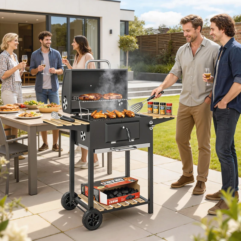 Outsunny 20" Charcoal BBQ Grill Barbecue on Wheels with Adjustable Charcoal Pan, Spacious Cooking Area, 3 Shelves, Thermometer