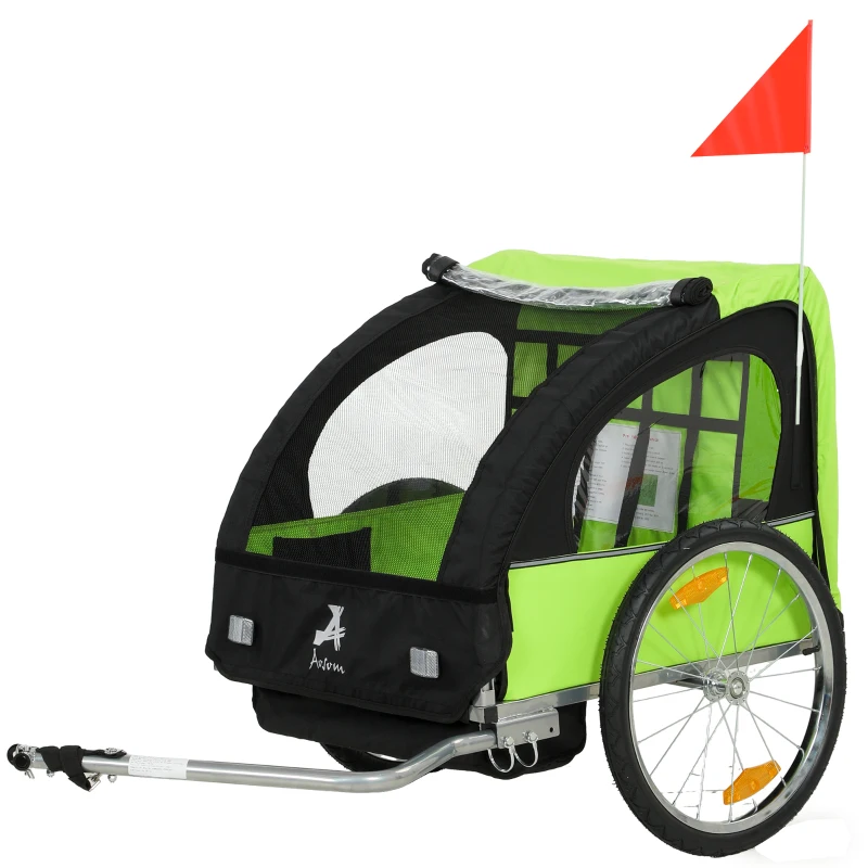 Aosom 2-Seat Child Bike Trailer for Kids with a Strong Steel Frame, 5-Point Safety Harnesses, & Comfortable Seat, Green