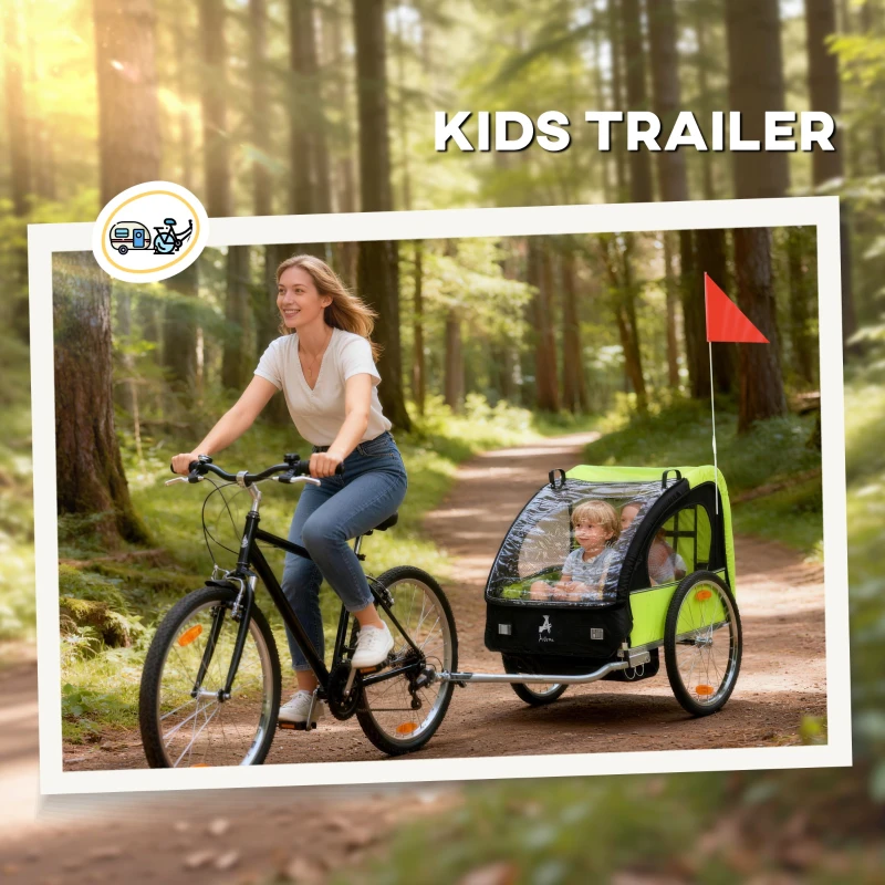 Aosom 2-Seat Child Bike Trailer for Kids with a Strong Steel Frame, 5-Point Safety Harnesses, & Comfortable Seat, Green