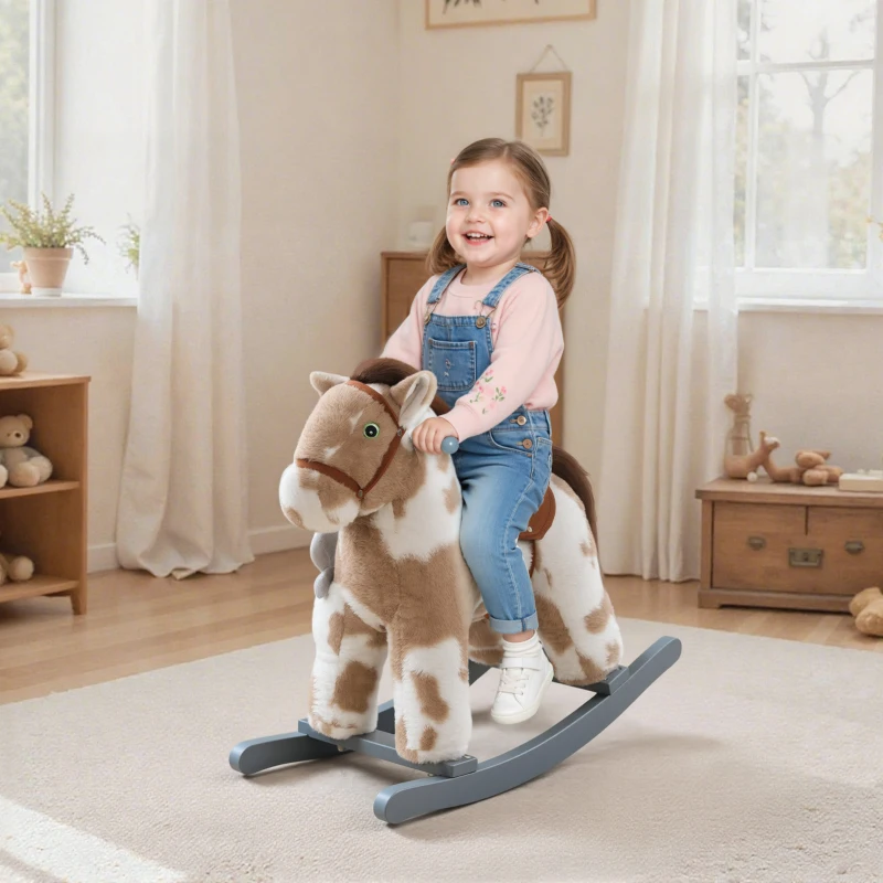 Qaba Rocking Horse, Kids Plush Horse Rocker with Rabbit Toy and Realistic Neigh for Toddlers 2–5 Years Old, Brown