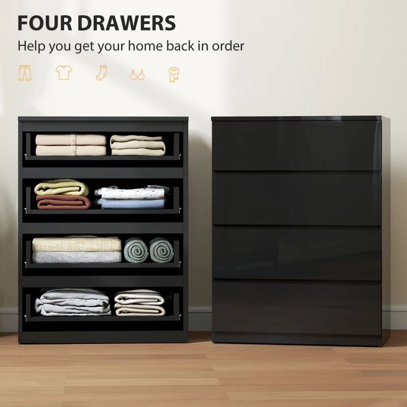 HOMCOM 4 Drawer Cabinet, High Gloss Drawer Chest for Bedroom, Chest of Drawers with Metal Runners and Groove Handles, Black