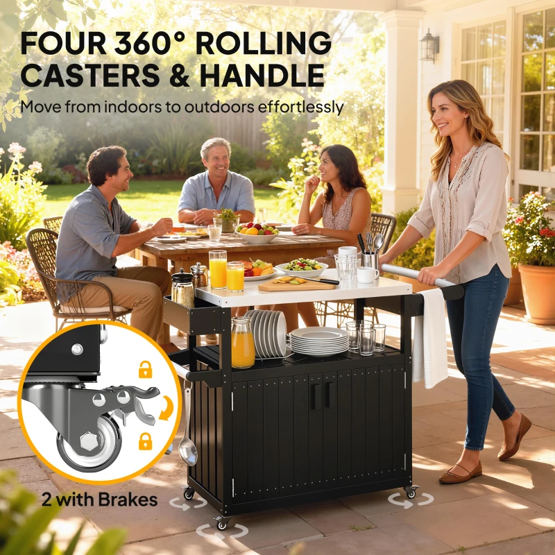 Outsunny Outdoor Bar Cart with Storage, Stainless Steel Outdoor Bar Table Top, Wheeled HDPE Kitchen Island for Food Prep, Black