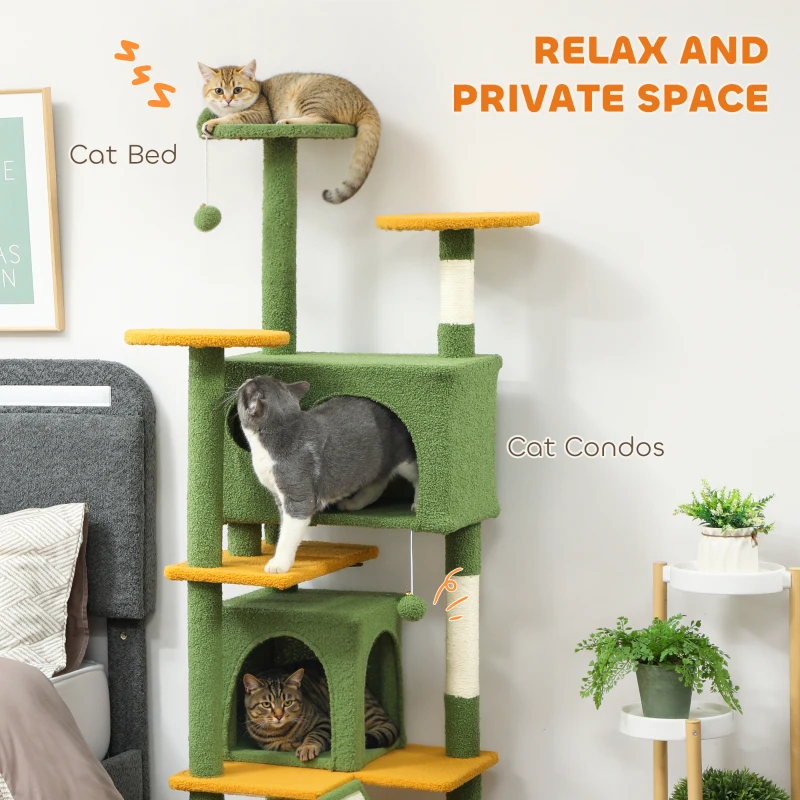 PawHut 63" Cat Tree, Multi-Level Cat Tower with Scratching Posts, Cat Condos, Bed, Platforms, Ramp, Toy Ball, Green