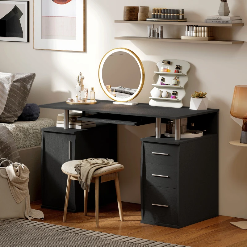 HOMCOM 47" Computer Desk with Keyboard Tray and Storage Drawers, Home Office Workstation Table with Storage Shelves, Black