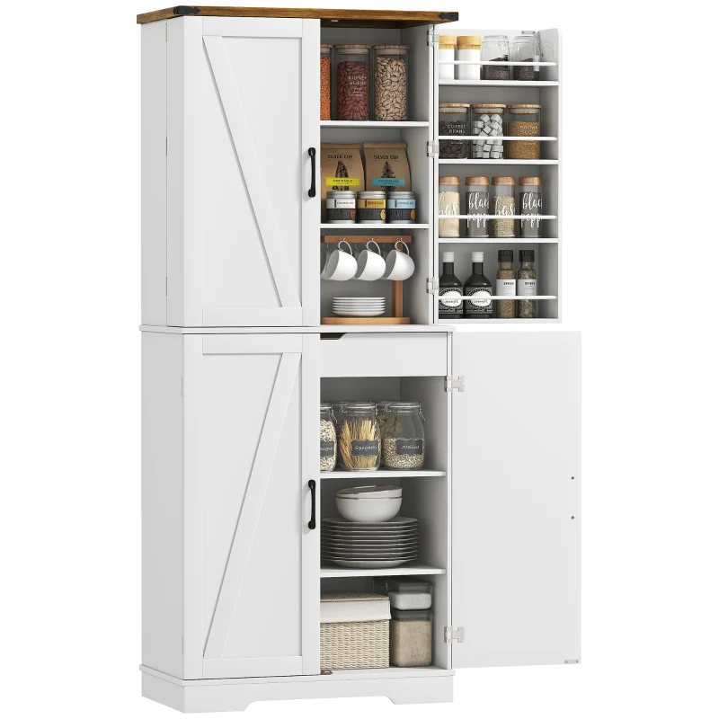 HOMCOM 72" Kitchen Pantry Cabinet, Farmhouse Storage Cabinet with 4 Doors, Drawer, 8 Door Shelves and Adjustable Shelf, White