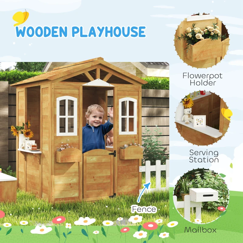 Outsunny Wooden Kids Playhouse with Door Windows Mailbox Flower Pot Holder Serving Station Bench Yellow