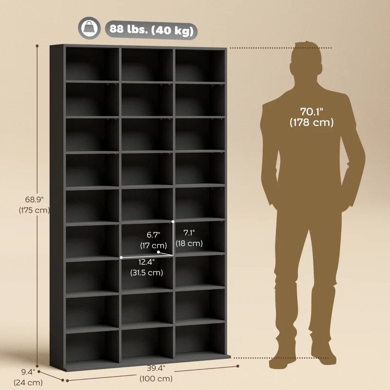 HOMCOM Media Storage Cabinet, 9-Tier DVD Shelf with 21 Adjustable Shelves, Holds 835 CDs, 500 DVDs or 640 Blu-rays, Black