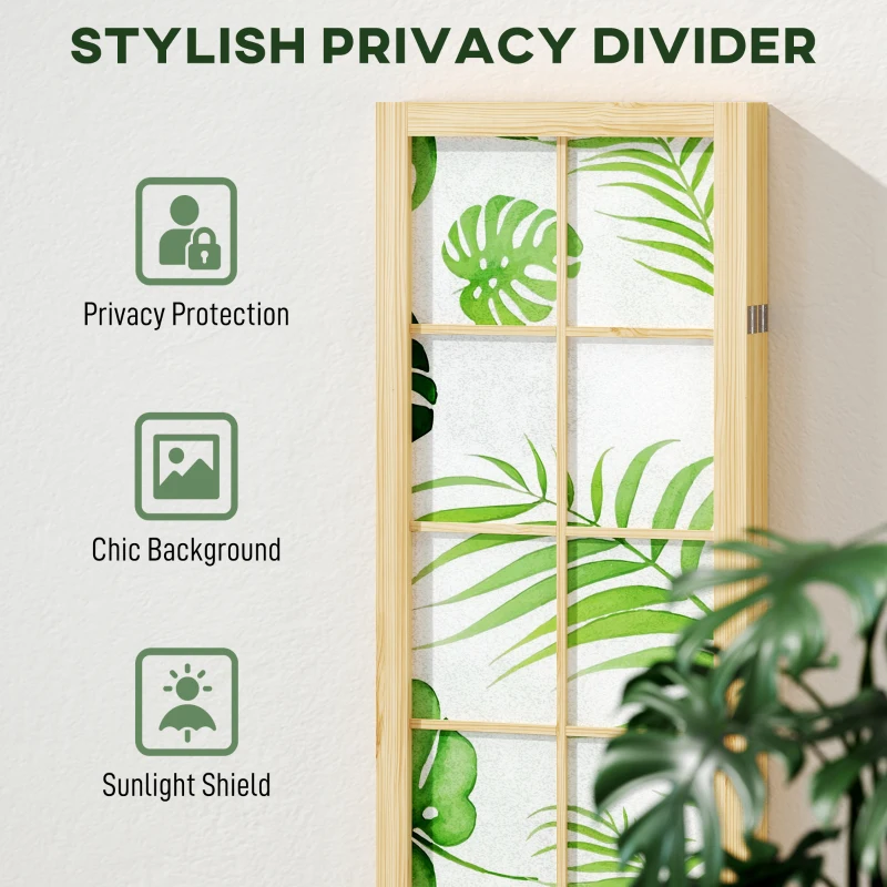 HOMCOM 4 Panel Folding Privacy Screen, 67" Room Divider with Palm Leaf Design for Living Room Bedroom, Natural and Green
