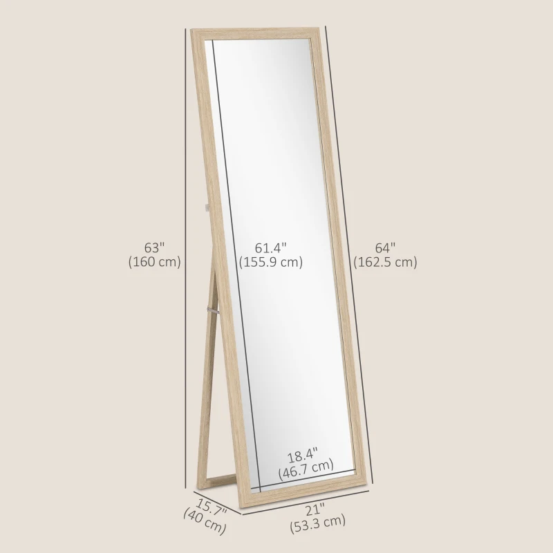 HOMCOM 64" x 21" Full Length Mirror, Standing, Wall-Mounted or Leaning Against Wall, for Bedroom, Living Room, Beige