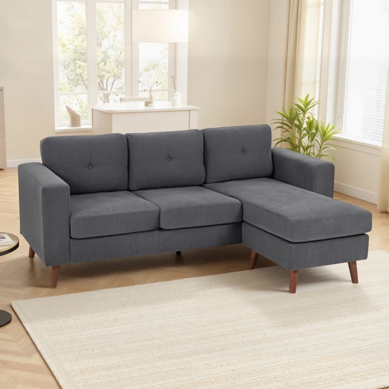 HOMCOM Sectional Sofa with Changeable Chaise Lounge, 3 Seat L-Shaped Small Space Sofa, Upholstered Couch for Small Space, Dark Grey