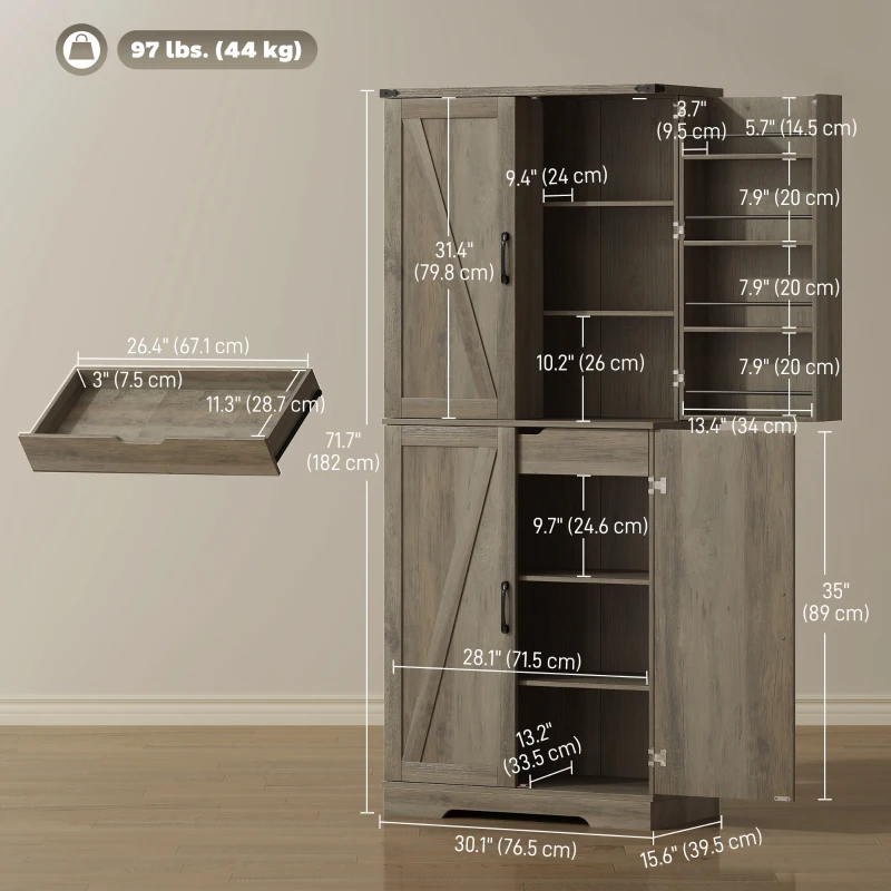 HOMCOM 72" Kitchen Pantry Cabinet, Farmhouse Storage Cabinet with 4 Doors, Drawer, 8 Door Shelves and Adjustable Shelf, Grey