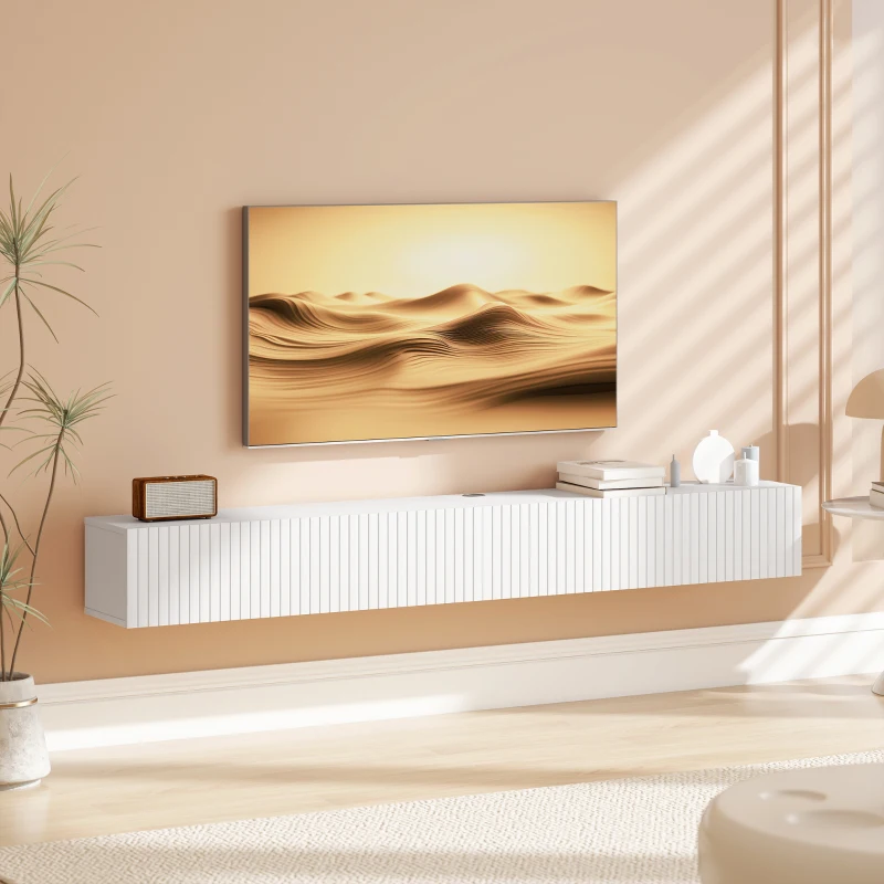 HOMCOM 71" Floating TV Stand for TVs up to 72 Inch, Wall Mount Media Console with 2 Fluted Flip-Down Doors, Cable Hole, White