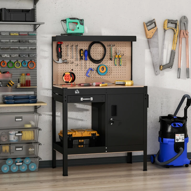 HOMCOM Multipurpose Workbench, Workshop Tool Table with Slide Drawer. Peg Board, Storage Cabinet with Keys