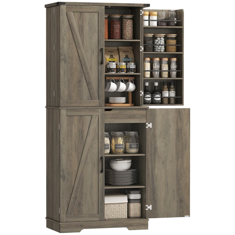 HOMCOM 72" Kitchen Pantry Cabinet, Farmhouse Storage Cabinet with 4 Doors, Drawer, 8 Door Shelves and Adjustable Shelf, Grey