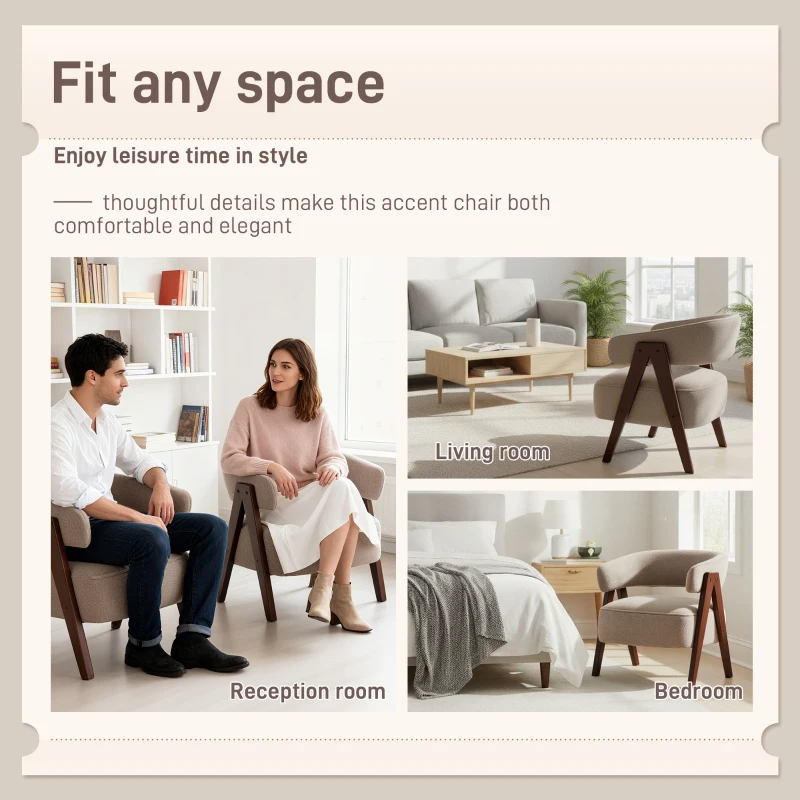 HOMCOM Upholstered Accent Chair, Sherpa Fleece Armchair with Solid Wood Legs and Steel Frame for Living Room, Light Brown