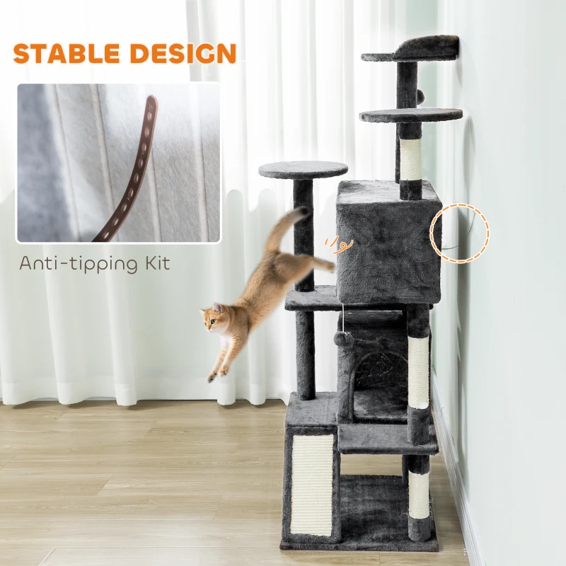 PawHut 63" Cat Tree, Multi-Level Cat Tower with Scratching Posts, Cat Condos, Bed, Platforms, Ramp, Toy Ball, Dark Grey