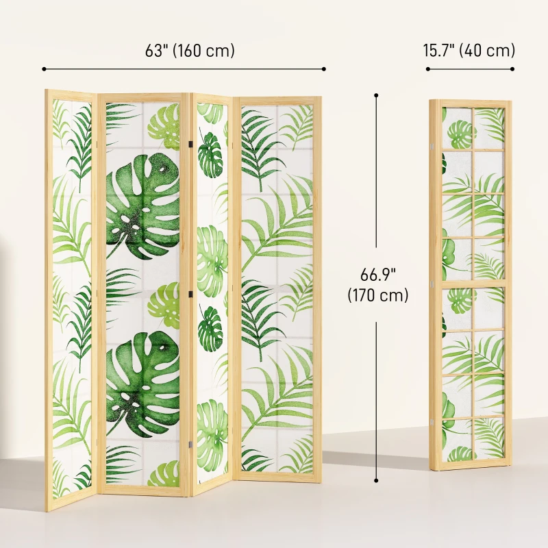 HOMCOM 4 Panel Folding Privacy Screen, 67" Room Divider with Palm Leaf Design for Living Room Bedroom, Natural and Green