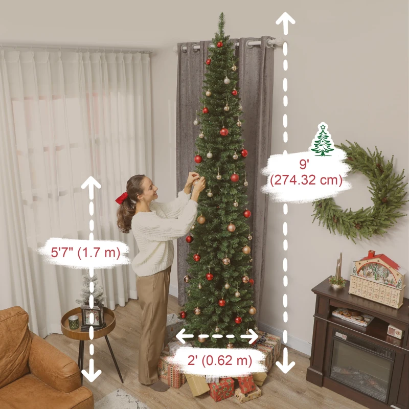 HOMCOM 9ft Christmas Tree with Colourful DIY Synchronized LEDs, Hinged Pencil Xmas Tree with Remote, Daily Timer, Green