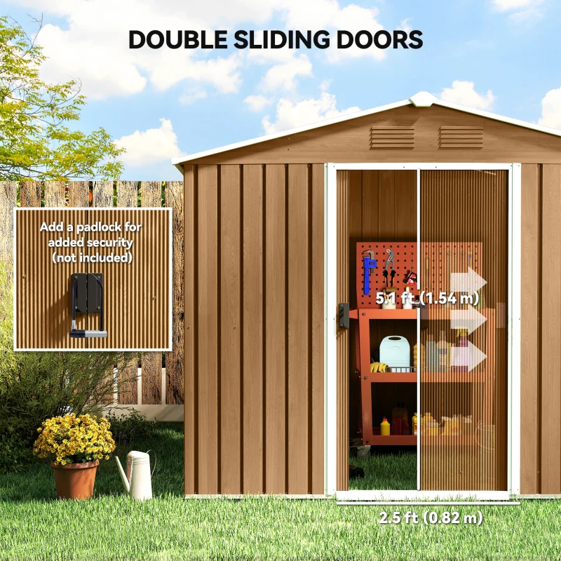 Outsunny 8' x 6' Outdoor Storage Shed, Metal Garden Tool Storage House with Lockable Sliding Doors and Vents for Backyard Patio Lawn, Dark Brown