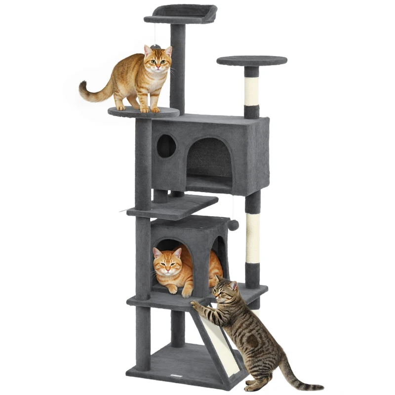 PawHut 63" Cat Tree, Multi-Level Cat Tower with Scratching Posts, Cat Condos, Bed, Platforms, Ramp, Toy Ball, Dark Grey
