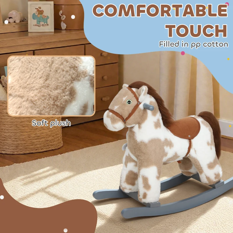 Qaba Rocking Horse, Kids Plush Horse Rocker with Rabbit Toy and Realistic Neigh for Toddlers 2–5 Years Old, Brown