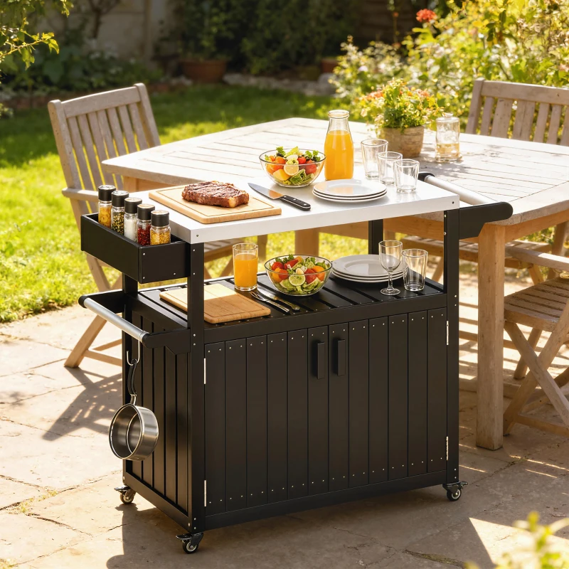 Outsunny Outdoor Bar Cart with Storage, Stainless Steel Outdoor Bar Table Top, Wheeled HDPE Kitchen Island for Food Prep, Black
