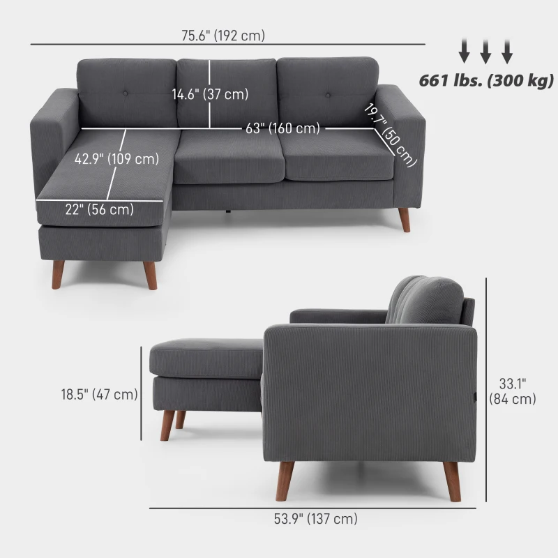 HOMCOM Sectional Sofa with Changeable Chaise Lounge, 3 Seat L-Shaped Small Space Sofa, Upholstered Couch for Small Space, Dark Grey