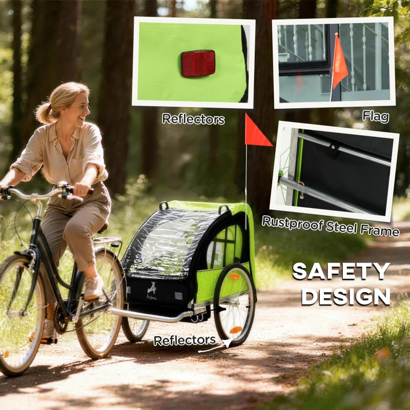 Aosom 2-Seat Child Bike Trailer for Kids with a Strong Steel Frame, 5-Point Safety Harnesses, & Comfortable Seat, Green