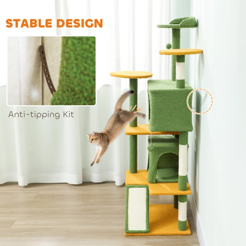 PawHut 63" Cat Tree, Multi-Level Cat Tower with Scratching Posts, Cat Condos, Bed, Platforms, Ramp, Toy Ball, Green