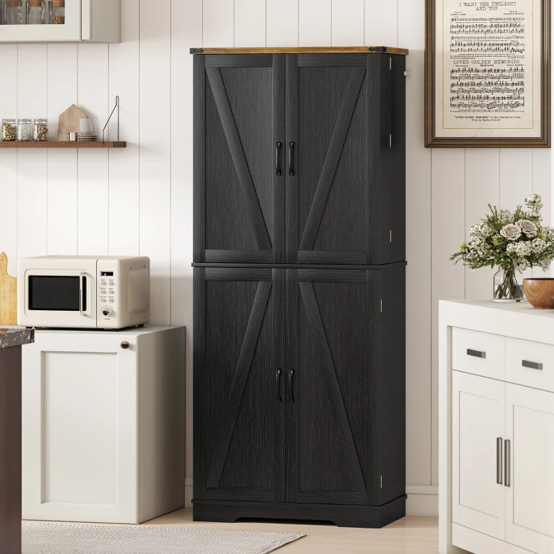 HOMCOM 72" Kitchen Pantry Cabinet, Farmhouse Storage Cabinet with 4 Doors, Drawer, 8 Door Shelves and Adjustable Shelf, Black
