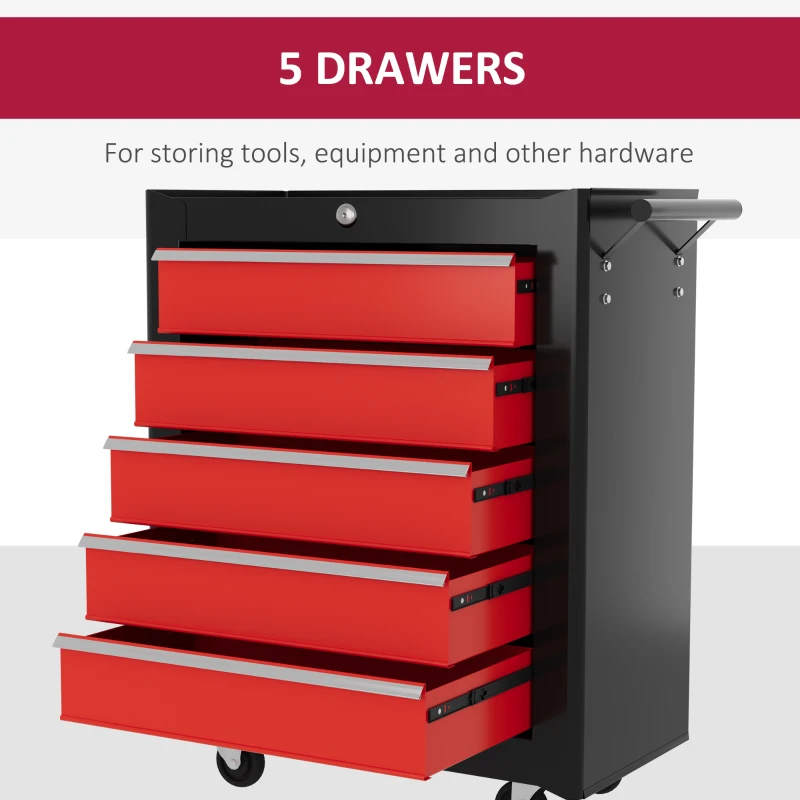 HOMCOM 5 Drawer Roller Tool Chest, Lockable Toolbox, Storage Organizer with Handle for Workshop Mechanics Garage, Black and Red